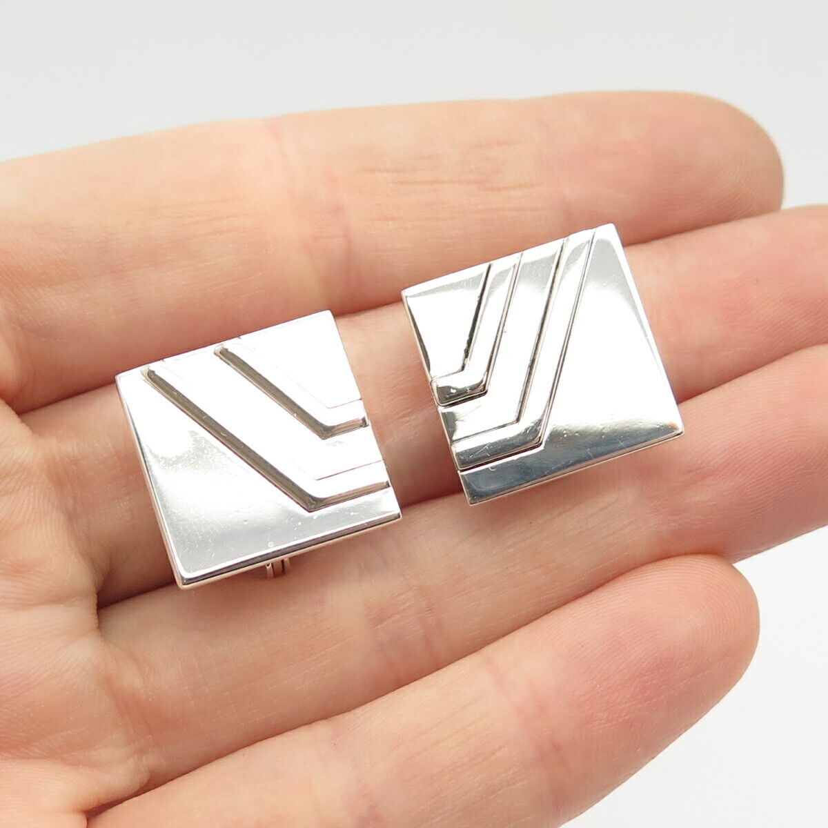 925 Sterling Silver Vintage Striped Square Clip On Earrings