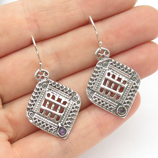 925 Sterling Silver Vintage Real Amethyst Gemstone Ethnic Dangling Earrings