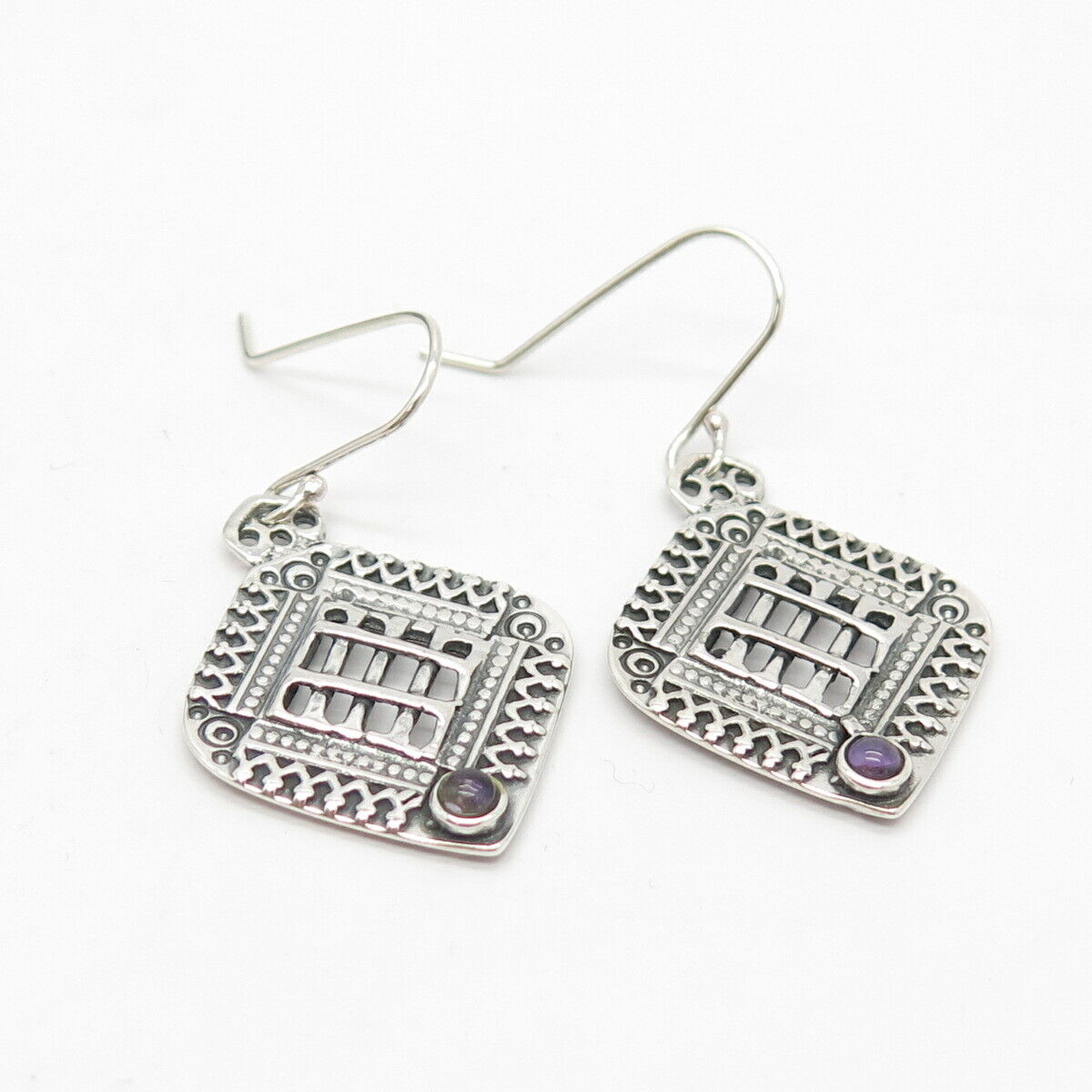 925 Sterling Silver Vintage Real Amethyst Gemstone Ethnic Dangling Earrings