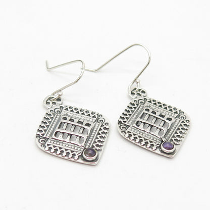 925 Sterling Silver Vintage Real Amethyst Gemstone Ethnic Dangling Earrings