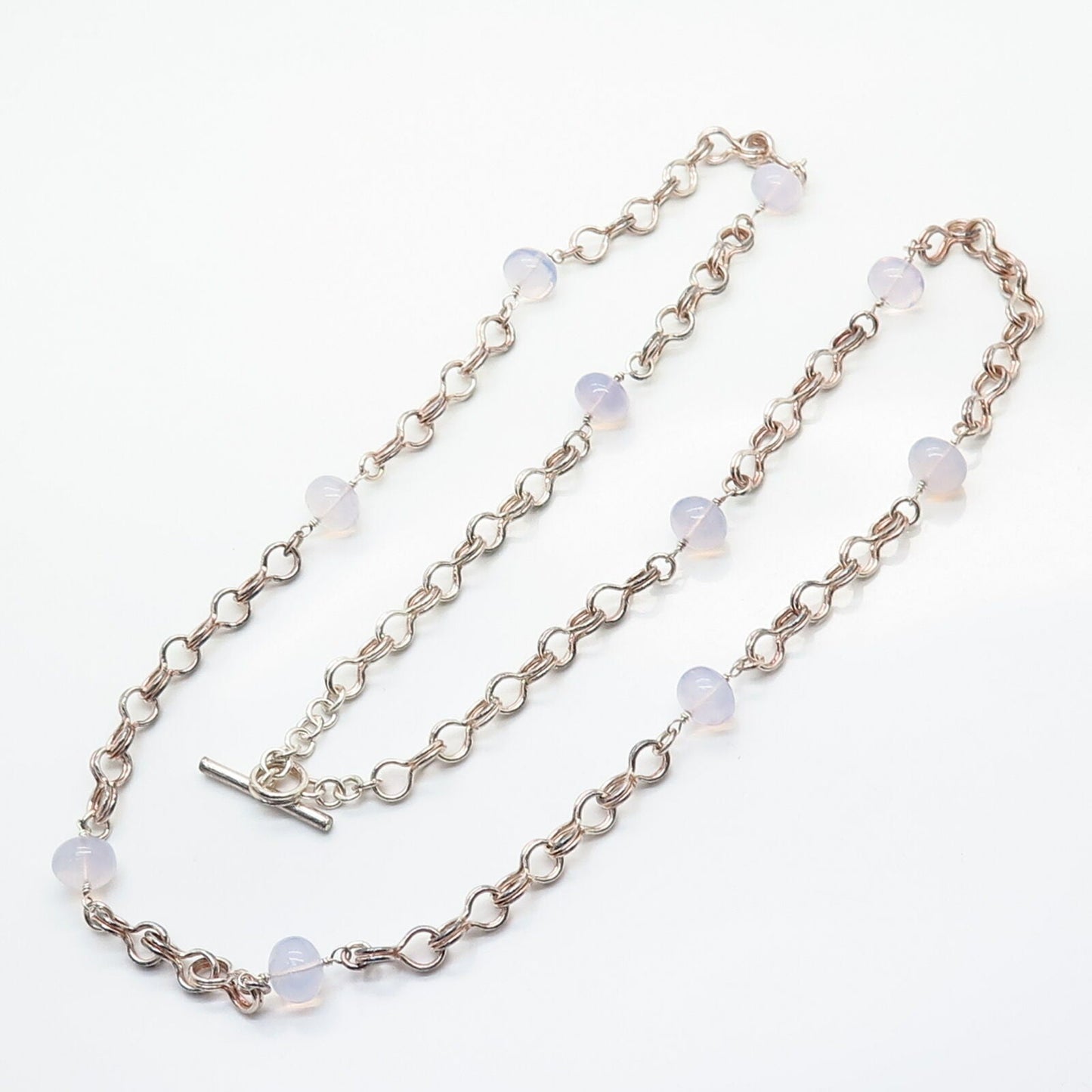 925 Sterling Silver Opalite & C Z Bead Design Long Barleycorn Chain Necklace 37"