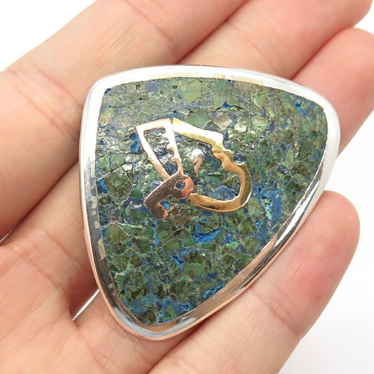 925 Sterling Silver 3-Tone Vintage Mexico Azurite Gem Inlay Pin Brooch / Pendant