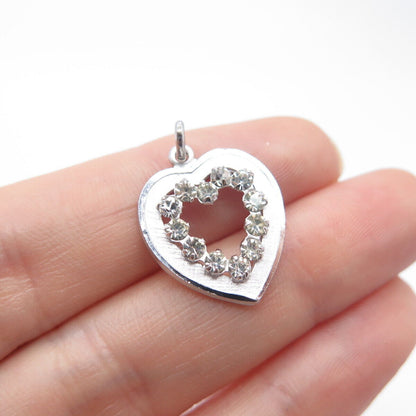 925 Sterling Silver Vintage Rhinestone Open Heart Charm Pendant