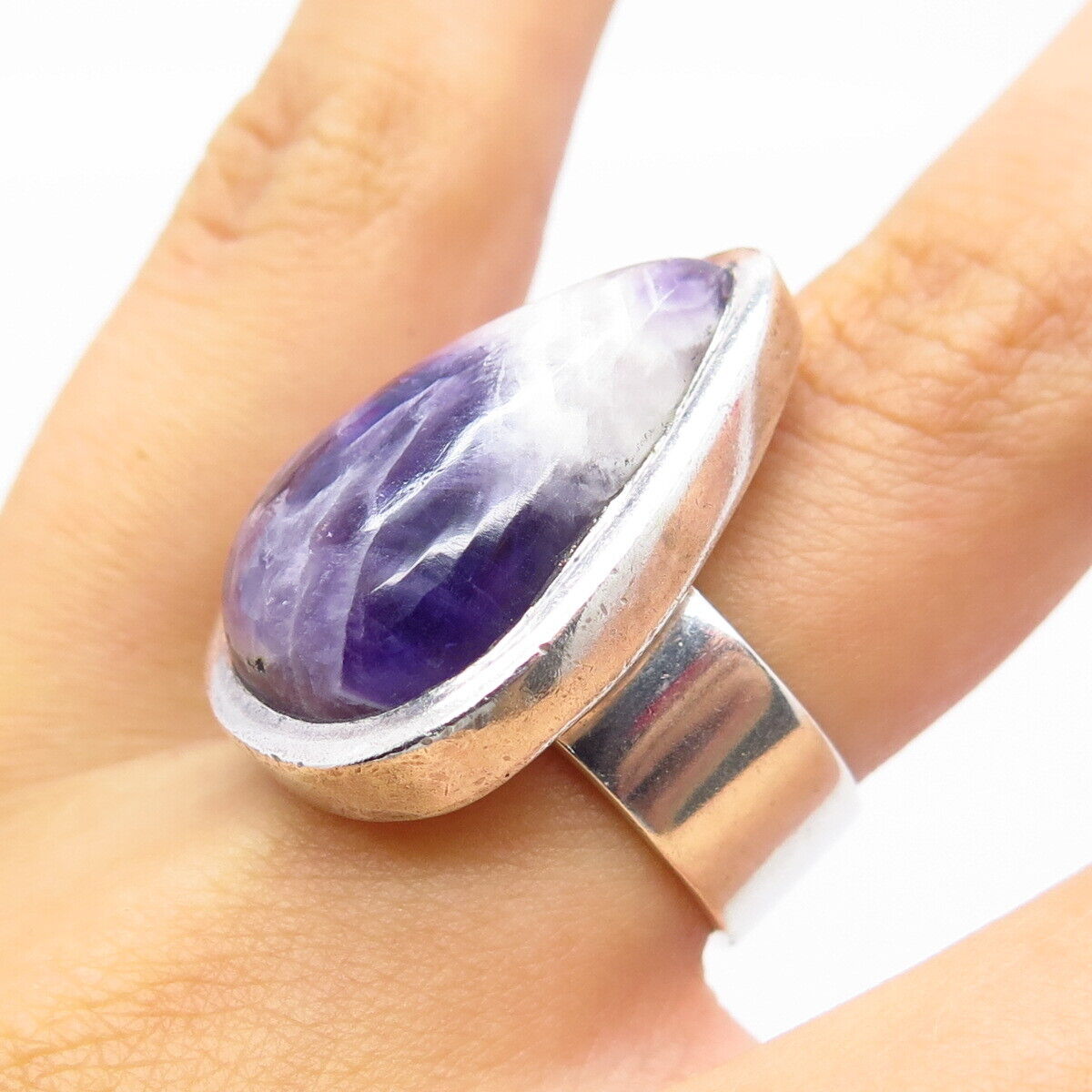 925 Sterling Silver Vintage Real Amethyst Gemstone Statement Ring Size 6.75