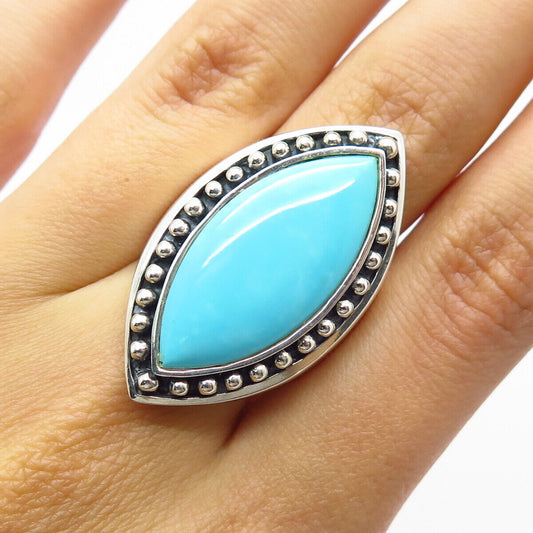 925 Sterling Silver Vintage Real Turquoise Gem Marquise Statement Ring Size 7.5