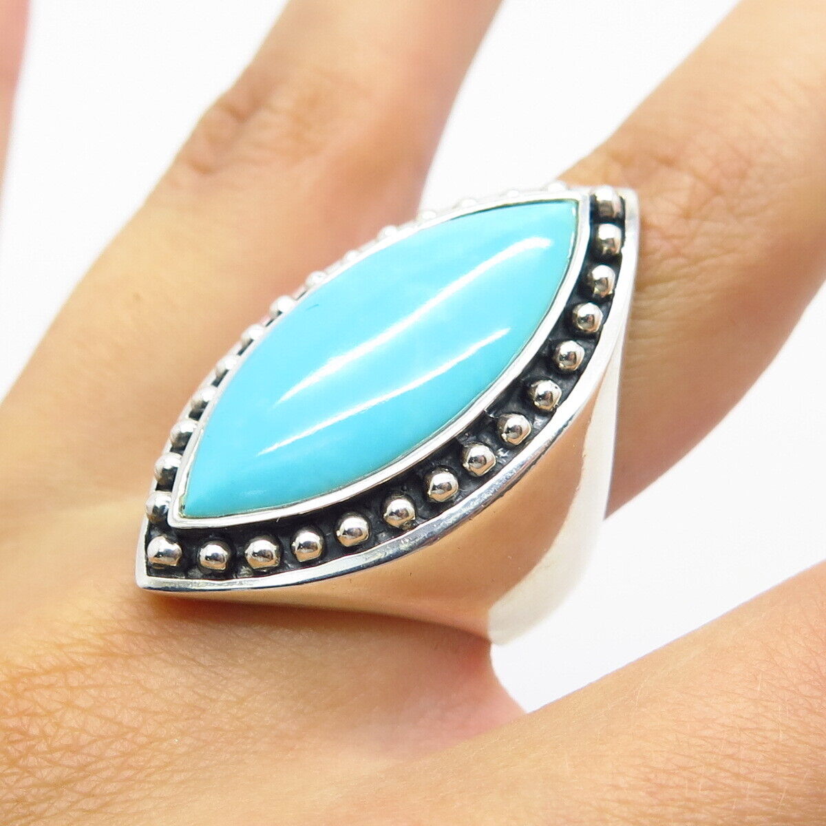 925 Sterling Silver Vintage Real Turquoise Gem Marquise Statement Ring Size 7.5