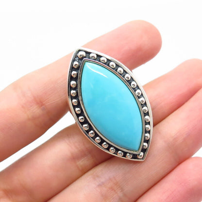 925 Sterling Silver Vintage Real Turquoise Gem Marquise Statement Ring Size 7.5