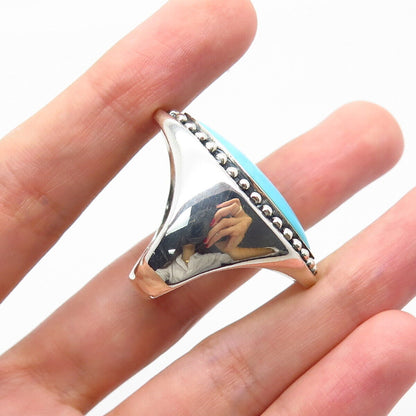 925 Sterling Silver Vintage Real Turquoise Gem Marquise Statement Ring Size 7.5