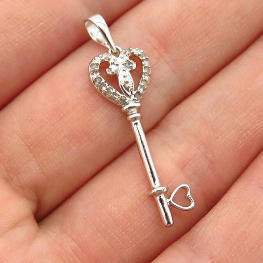 925 Sterling Silver Real Diamond Heart Key Design Pendant