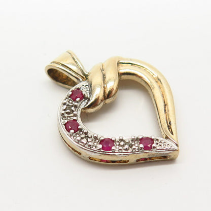 925 Sterling Gold Plated Real Diamond Accent & Ruby Gem Open Heart Slide Pendant