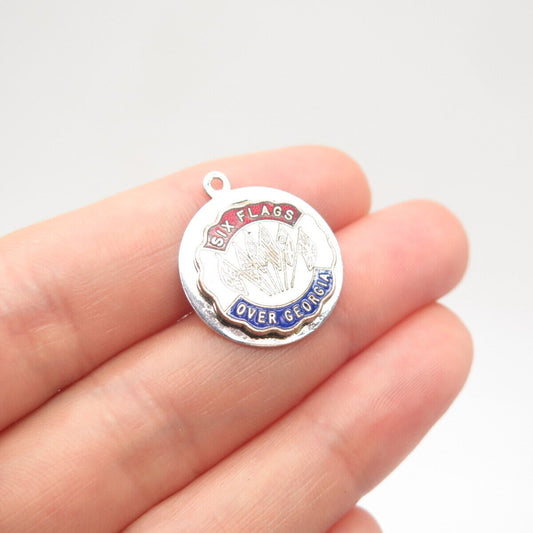 925 Sterling Silver Vintage Enamel "Six Flags Over Georgia" Round Charm Pendant