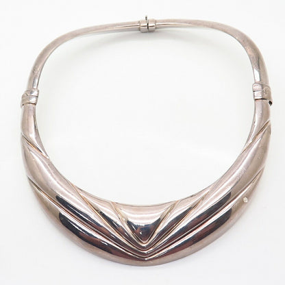 925 Silver Silver Italy Hollow Ribbed Design Statement Collar Necklace 15"