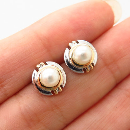 925 Sterling Silver 2-Tone Faux Pearl Stud Earrings