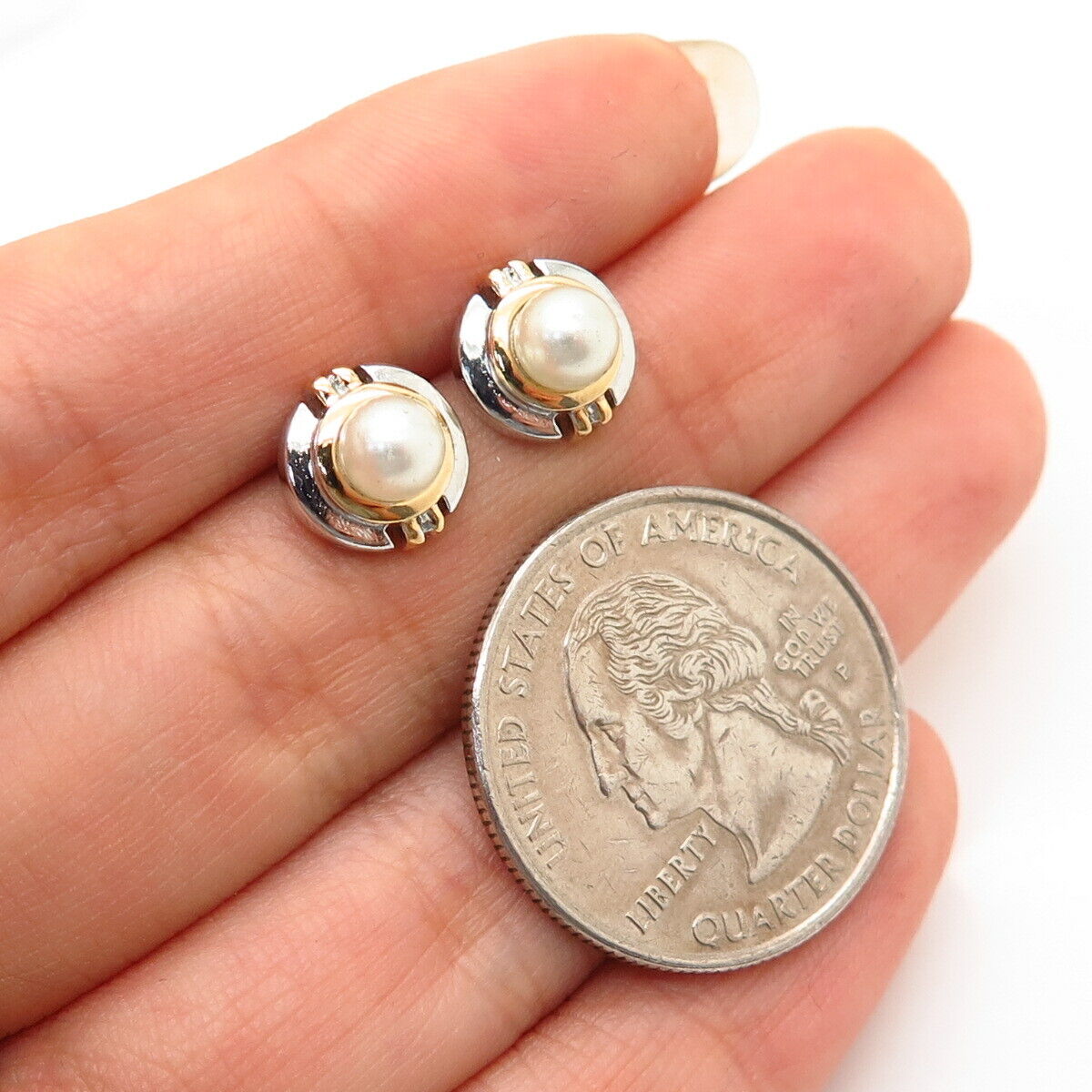 925 Sterling Silver 2-Tone Faux Pearl Stud Earrings