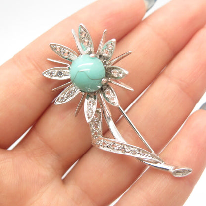 925 Sterling Silver Vintage Spain Real Turquoise Gem & C Z Floral Pin Brooch