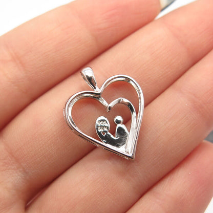 925 Sterling Silver SUN Real White Diamond Mother & Baby Love Heart Pendant