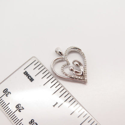 925 Sterling Silver SUN Real White Diamond Mother & Baby Love Heart Pendant