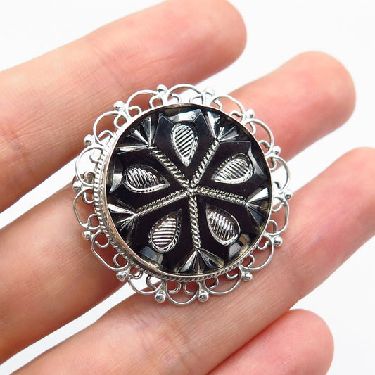 925 Sterling Silver Vintage Mexico Black Onyx Gemstone Ornate Brooch / Pendant