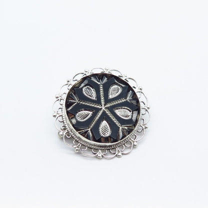 925 Sterling Silver Vintage Mexico Black Onyx Gemstone Ornate Brooch / Pendant