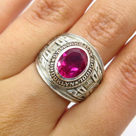 925 Sterling Silver Vintage Reed Lab-Created Pink Sapphire School Ring Size 8.75