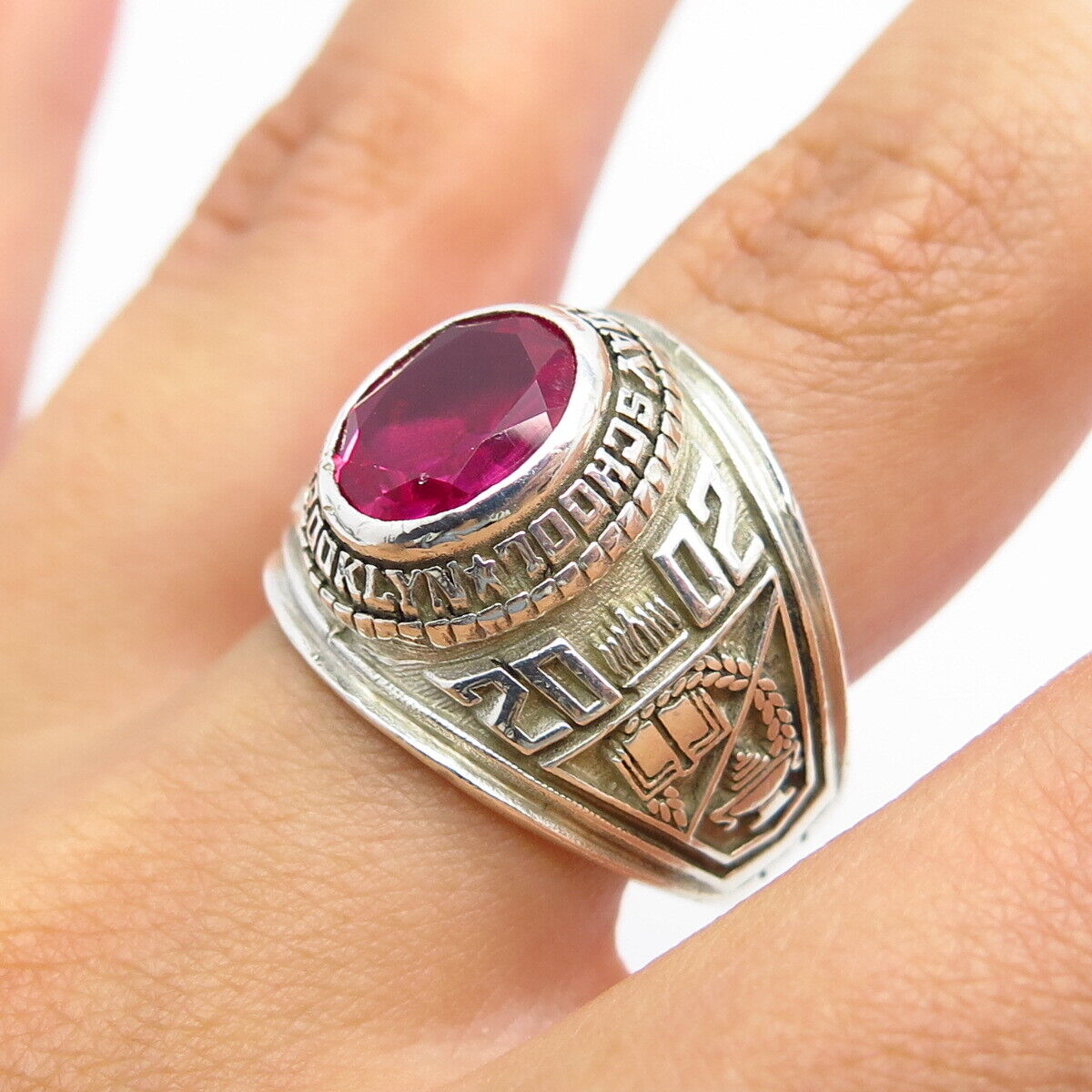 925 Sterling Silver Vintage Reed Lab-Created Pink Sapphire School Ring Size 8.75