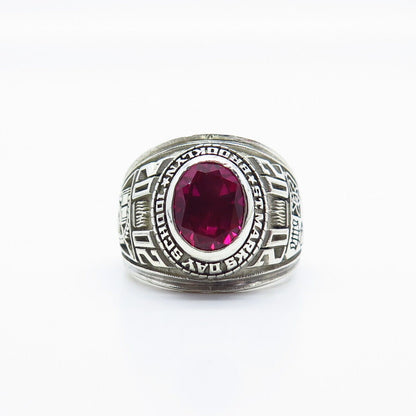 925 Sterling Silver Vintage Reed Lab-Created Pink Sapphire School Ring Size 8.75