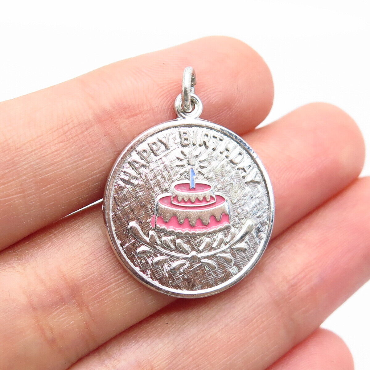 925 Sterling Silver Vintage Wells Enamel "Happy Birthday" Cake Charm Pendant