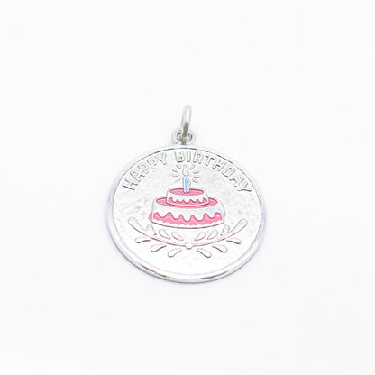 925 Sterling Silver Vintage Wells Enamel "Happy Birthday" Cake Charm Pendant