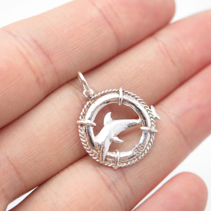 925 Sterling Silver Vintage Friendly Dolphin Round Charm Pendant