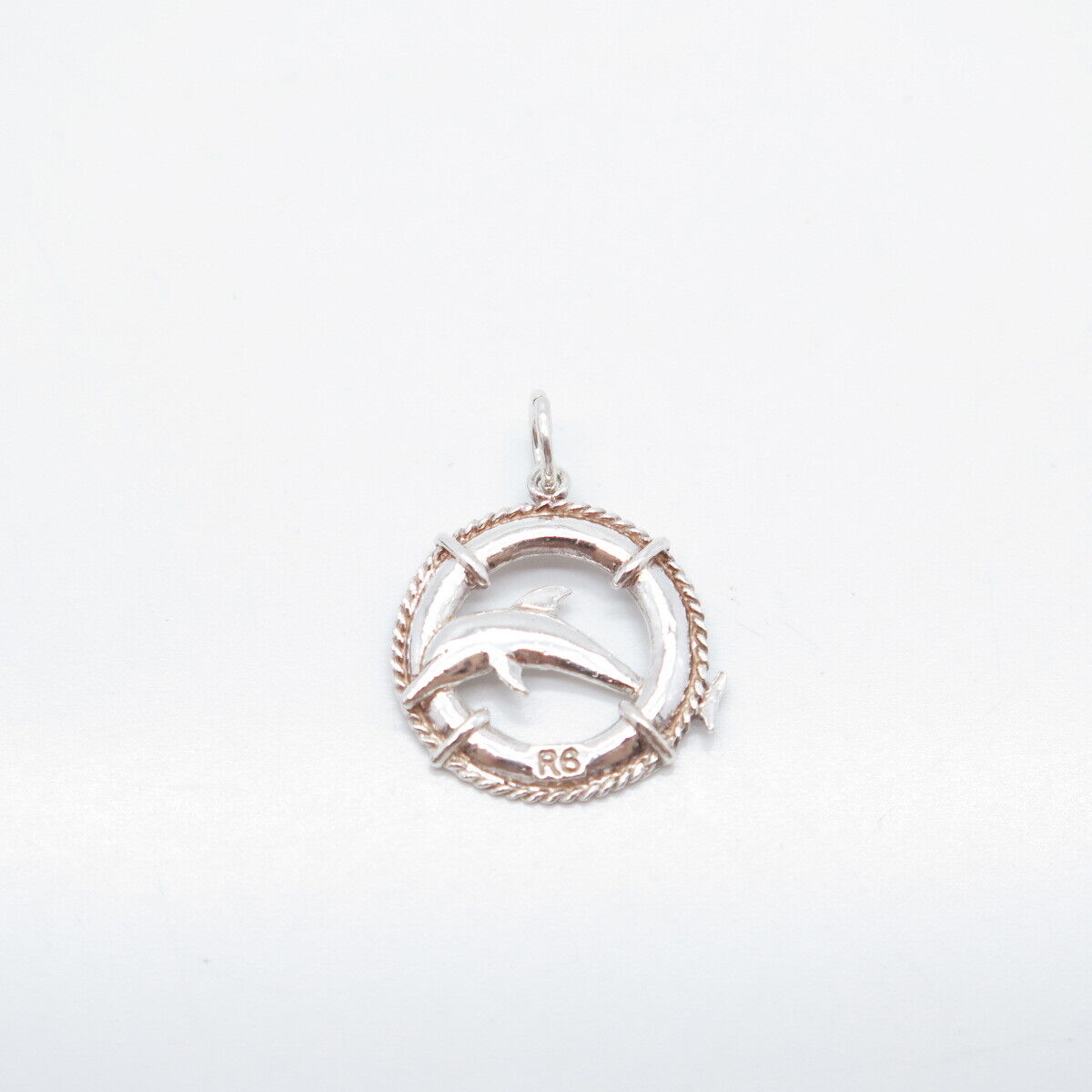 925 Sterling Silver Vintage Friendly Dolphin Round Charm Pendant