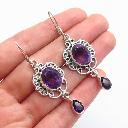 925 Sterling Silver Vintage Real Amethyst Gemstone Ornate Dangle Drop Earrings