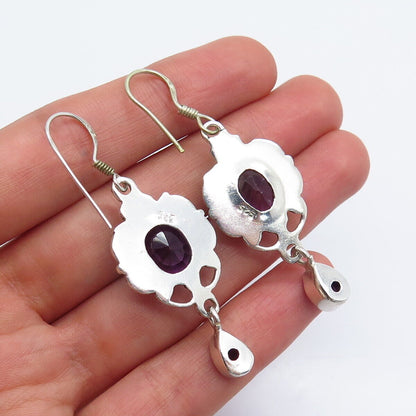 925 Sterling Silver Vintage Real Amethyst Gemstone Ornate Dangle Drop Earrings