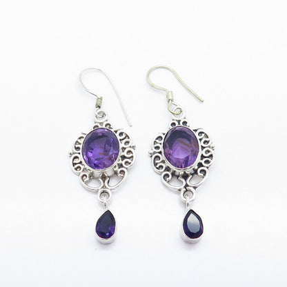 925 Sterling Silver Vintage Real Amethyst Gemstone Ornate Dangle Drop Earrings