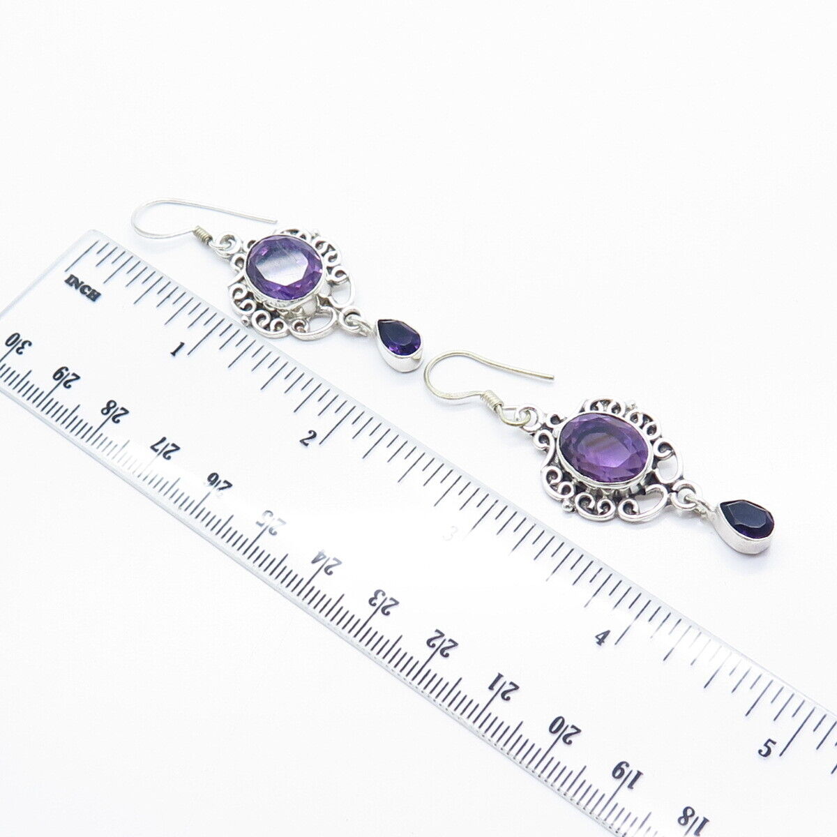 925 Sterling Silver Vintage Real Amethyst Gemstone Ornate Dangle Drop Earrings