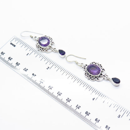 925 Sterling Silver Vintage Real Amethyst Gemstone Ornate Dangle Drop Earrings