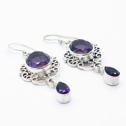 925 Sterling Silver Vintage Real Amethyst Gemstone Ornate Dangle Drop Earrings