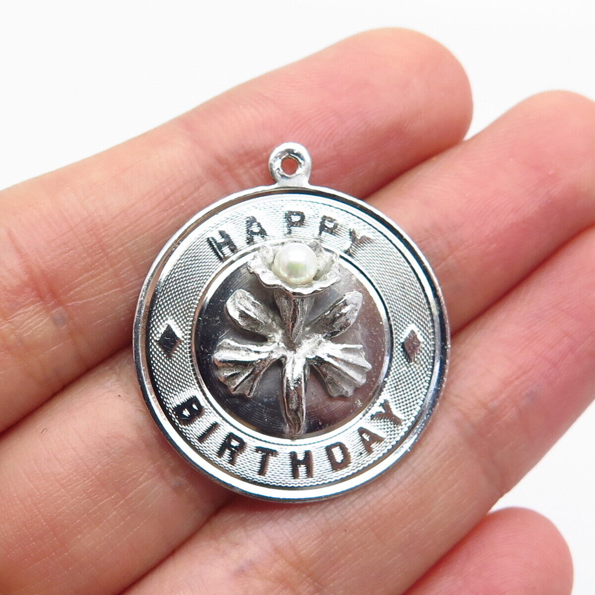 925 Sterling Silver Vintage Real Pearl "Happy Birthday" Floral Pendant