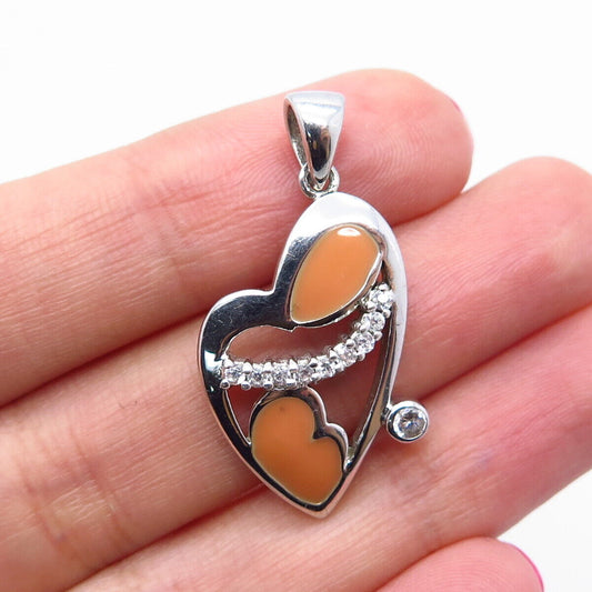 925 Sterling Silver C Z & Enamel Heart Pendant