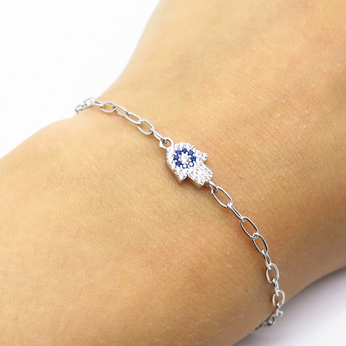 925 Sterling Silver White & Blue C Z Hamsa Rolo Link Bracelet 7.5"