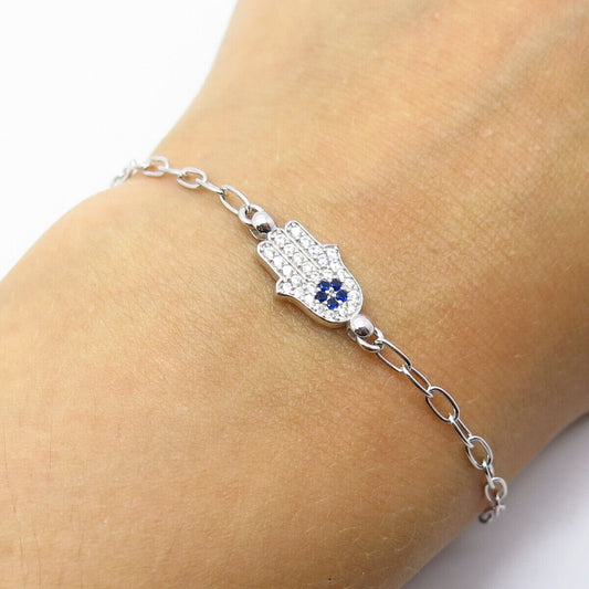 925 Sterling Silver White & Blue C Z Hamsa Rolo Link Bracelet 7.75"