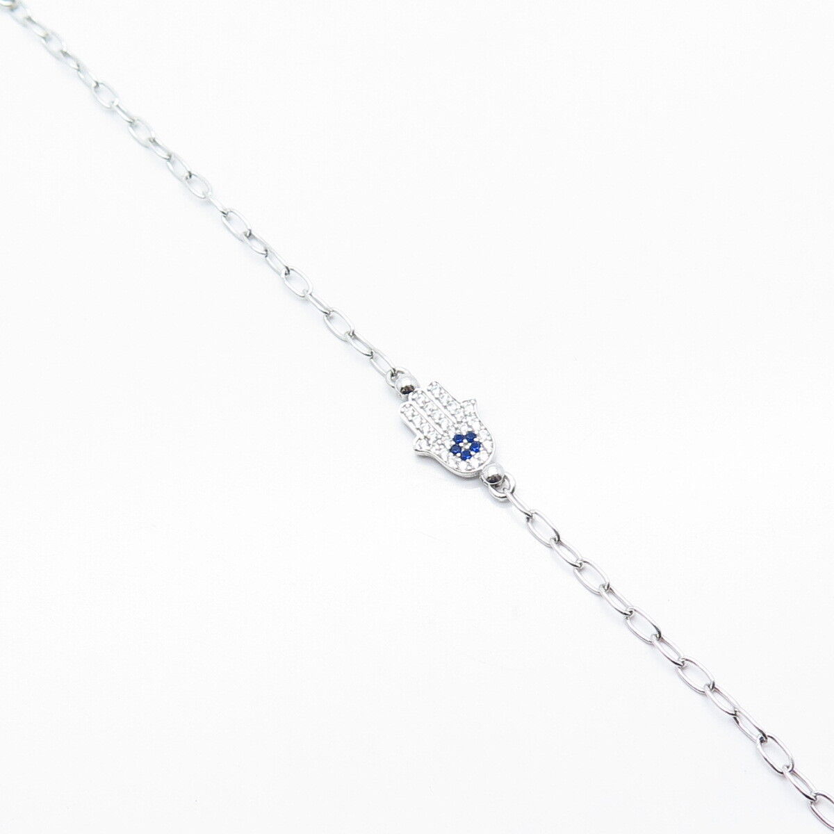 925 Sterling Silver White & Blue C Z Hamsa Rolo Link Bracelet 7.75"