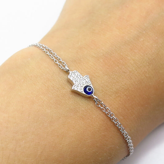 925 Sterling Silver White & Blue C Z Hamsa Rolo Link Bracelet 7.75"