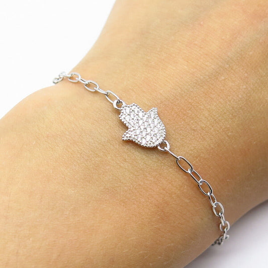 925 Sterling Silver Pave C Z Hamsa / Hand of Fatima Rolo Link Bracelet 7.75"