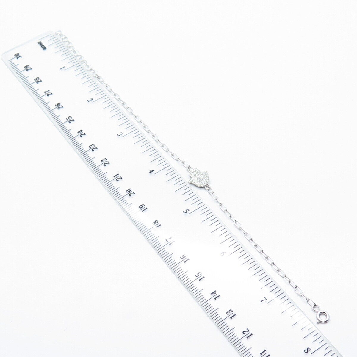 925 Sterling Silver Pave C Z Hamsa / Hand of Fatima Rolo Link Bracelet 7.75"