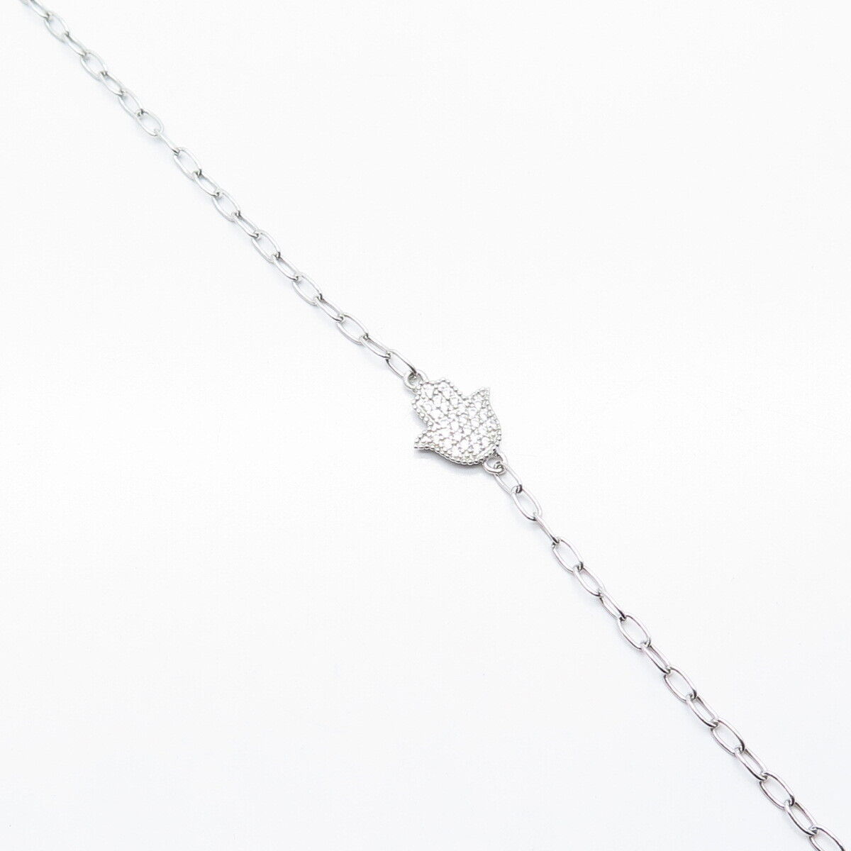 925 Sterling Silver Pave C Z Hamsa / Hand of Fatima Rolo Link Bracelet 7.75"