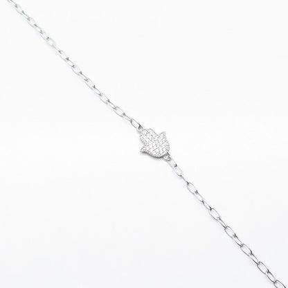 925 Sterling Silver Pave C Z Hamsa / Hand of Fatima Rolo Link Bracelet 7.75"