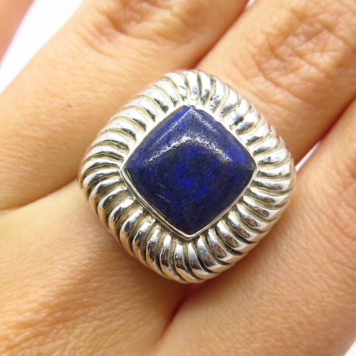 925 Sterling Silver Vintage Real Lapis Lazuli Gemstone Wide Ring Size 7