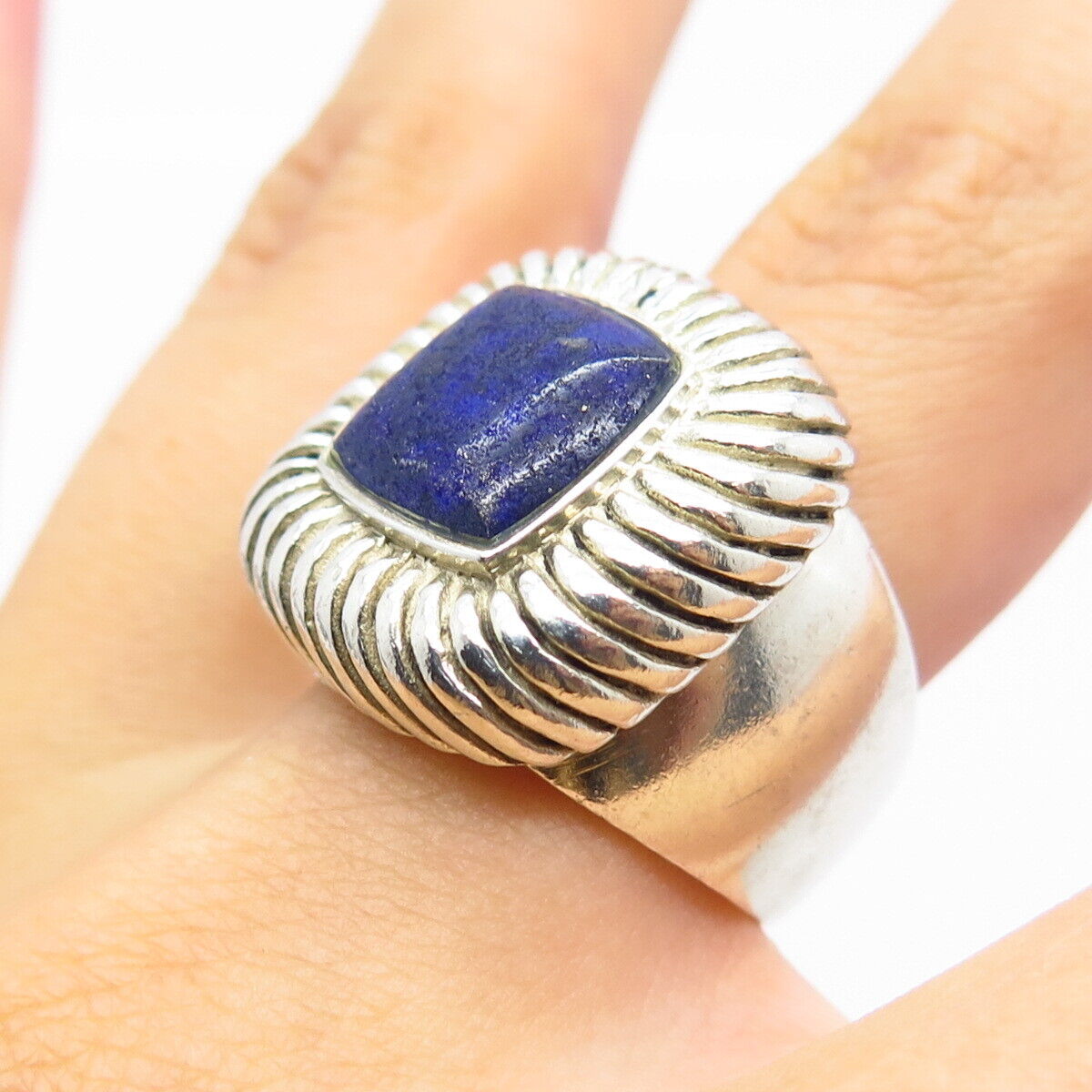 925 Sterling Silver Vintage Real Lapis Lazuli Gemstone Wide Ring Size 7