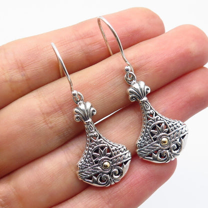 925 Sterling Silver / 18K Gold Ornate Dangling Hook Earrings