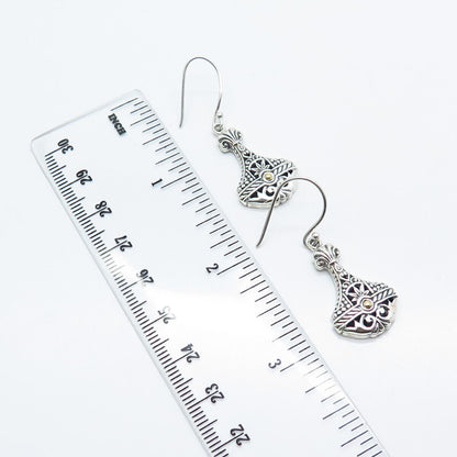 925 Sterling Silver / 18K Gold Ornate Dangling Hook Earrings